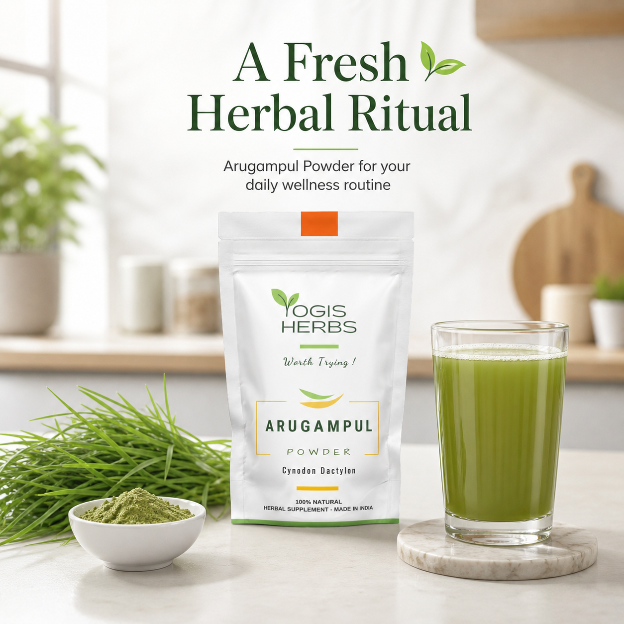 YOGIS HERBS Arugampul Powder — Cynodon dactylon (Bermuda Grass / Durva) | Traditional Tamil Heritage Herb for Alkaline Wellness, Metabolic Balance & Vitality 10 yogis herbs arugampul fresh herbal ritual image