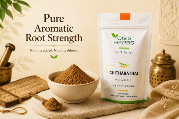 YOGIS HERBS Chitharathai Powder (Alpinia officinarum / Kulinjan) – Traditional Herbal Supplement for Throat Comfort, Respiratory Wellness & Digestive Fire