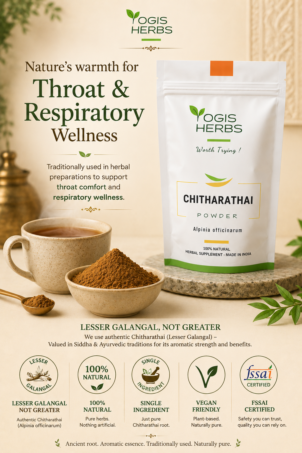 YOGIS HERBS Chitharathai Powder (Alpinia officinarum / Kulinjan)