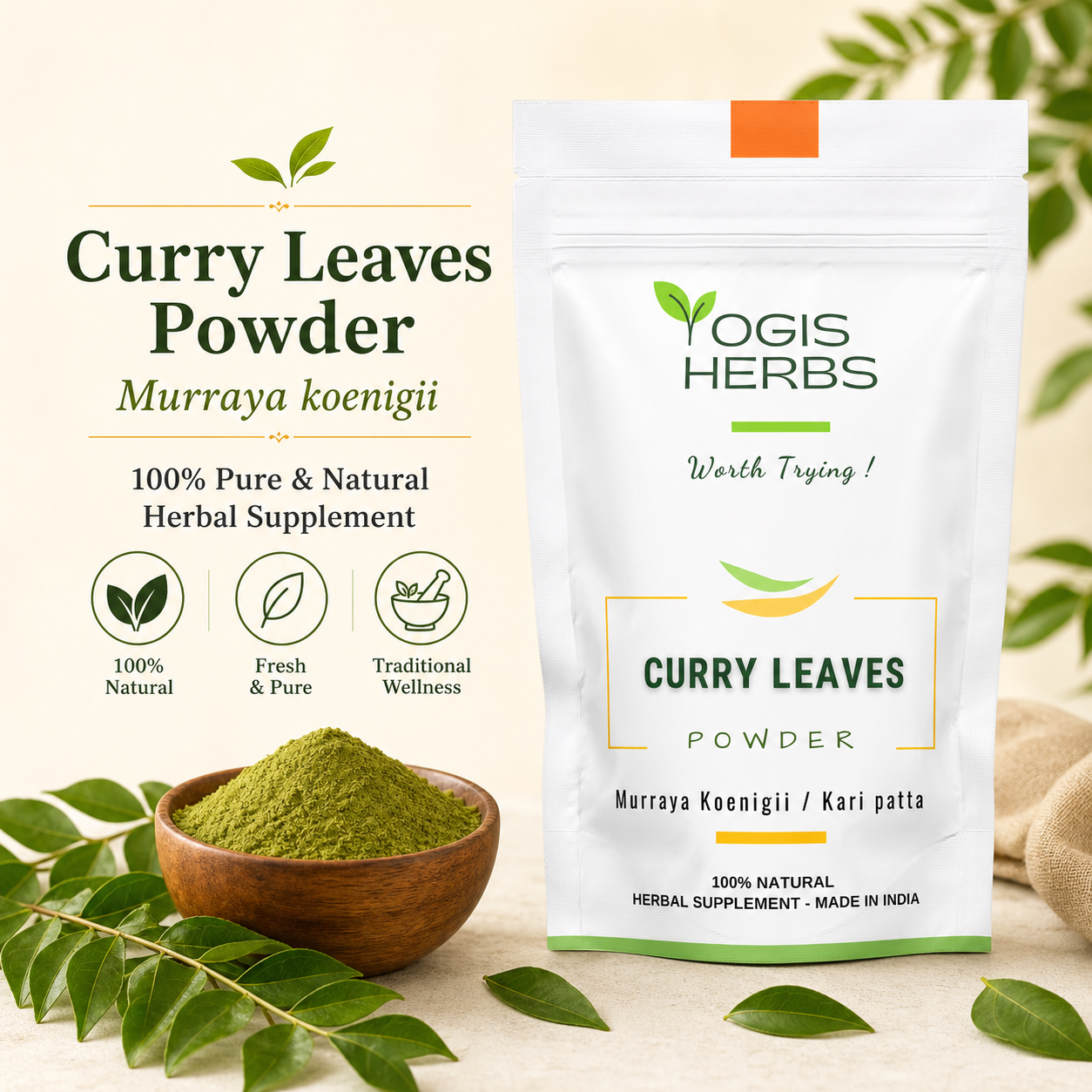 YOGIS HERBS Curry Leaf Powder (Karuveppilai / Murraya Koenigii / Surabhinimba
