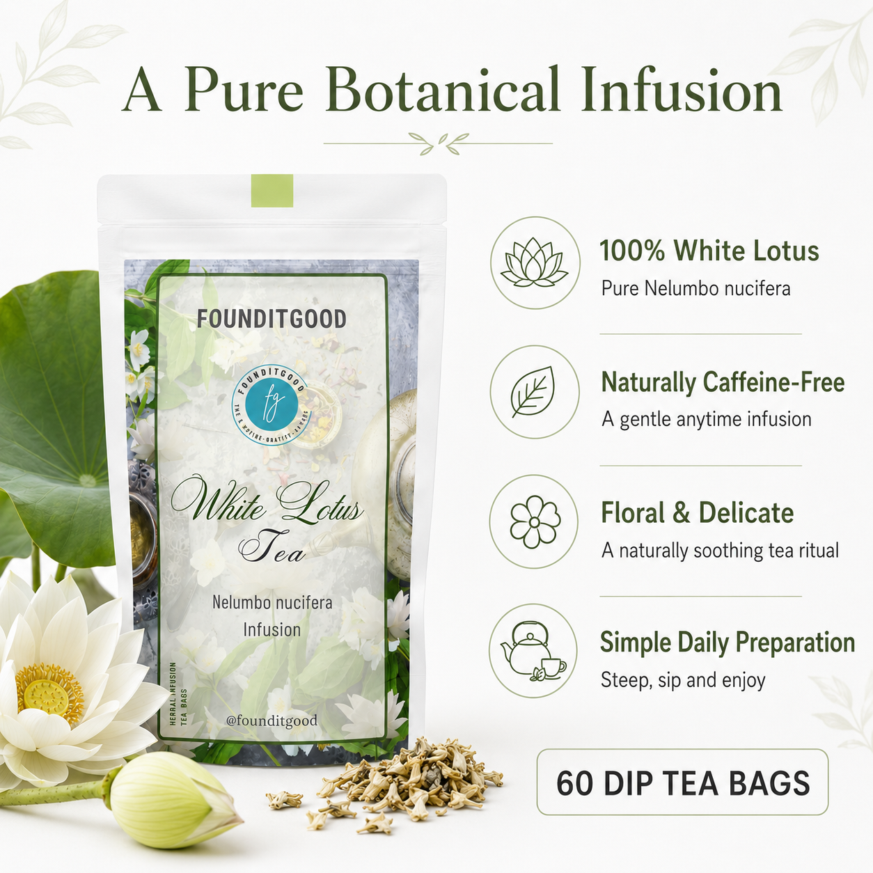FounditGood White Lotus Tea – Venthamarai (Nelumbo nucifera / Sacred Lotus, Padma) – Floral Herbal Infusion for Calm, Natural Cooling & Antioxidant Wellness – Whole-Petal, Caffeine-Free 2