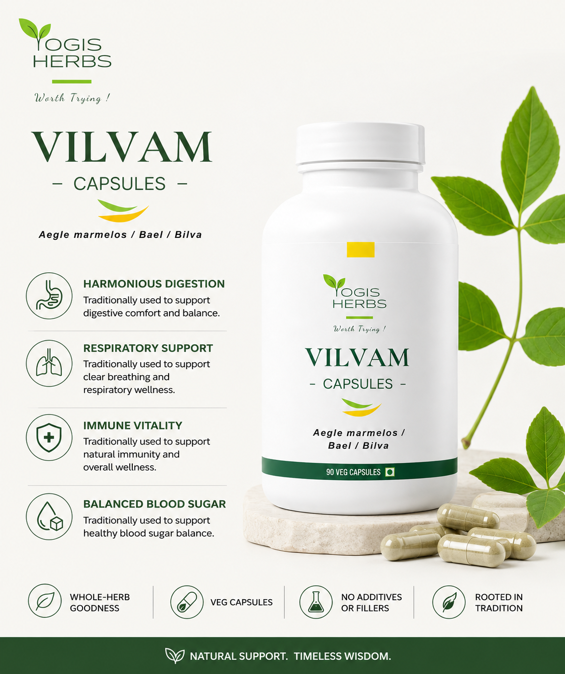 YOGIS HERBS Vilvam Leaf Capsules – Bael / Bilva (Aegle marmelos / Stone Apple) – Whole-Leaf Veg Capsules for Digestive Wellness, Gut Flora & Metabolic Support – Single-Herb, No Additives, 90 Capsules 3 YOGIS HERBS Vilvam Leaf Capsules – Bael / Bilva (Aegle marmelos / Stone Apple)