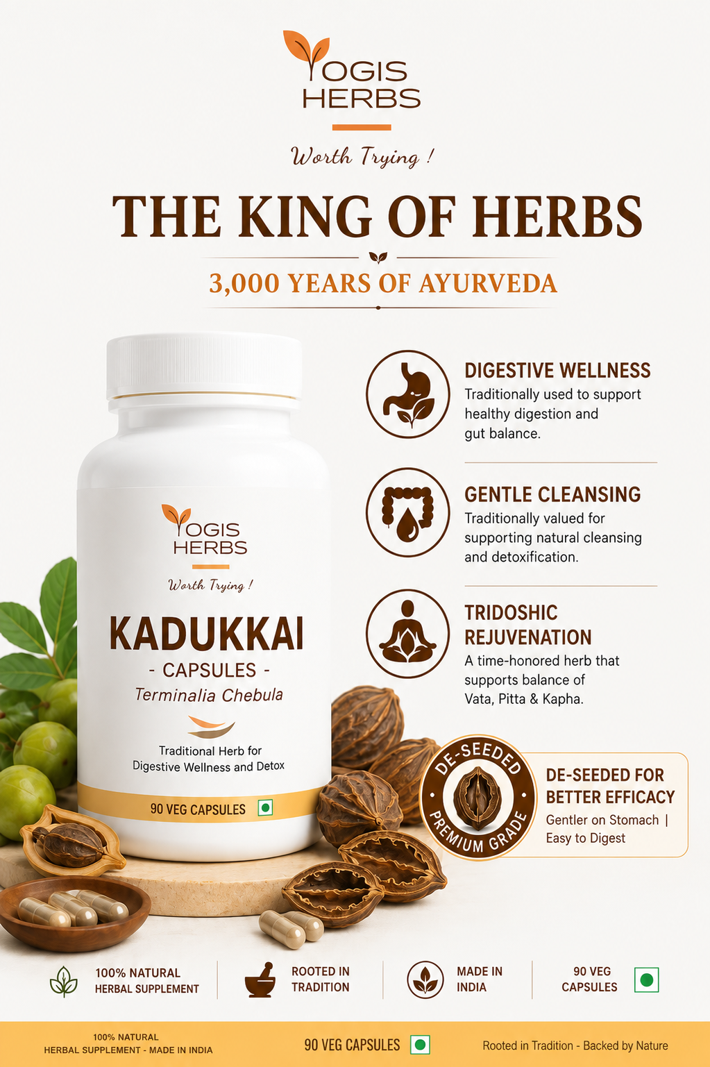YOGIS HERBS Kadukkai Capsules — Haritaki (Terminalia Chebula / Karakkaya) | Traditional Ayurvedic "King of Herbs" for Digestive Wellness, Gentle Cleansing & Rejuvenation | De-Seeded Whole-Fruit Shell | 90 Veg Capsules 2 YOGIS HERBS Kadukkai Capsules — Haritaki (Terminalia Chebula / Karakkaya) | Traditional Ayurvedic "King of Herbs" for Digestive Wellness, Gentle Cleansing & Rejuvenation | De-Seeded Whole-Fruit Shell | 90 Veg Capsules 1