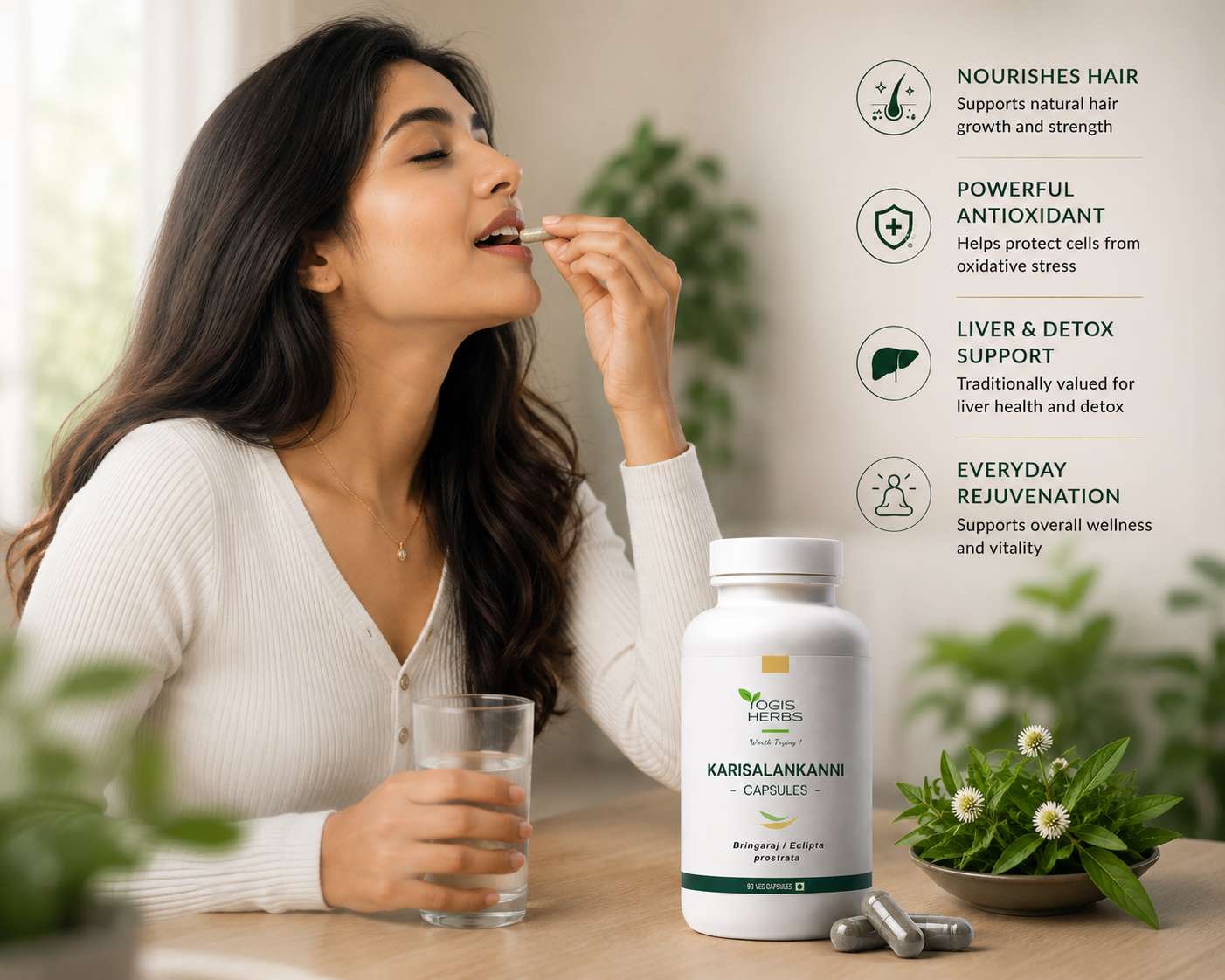 YOGIS HERBS Karisalankanni Capsules – Bhringraj (Eclipta alba / Bhringaraja), White False Daisy – Whole-Plant Veg Capsules for Hair Nourishment, Antioxidant & Everyday Rejuvenation – Single-Herb, No Fillers, 90 Capsules 1