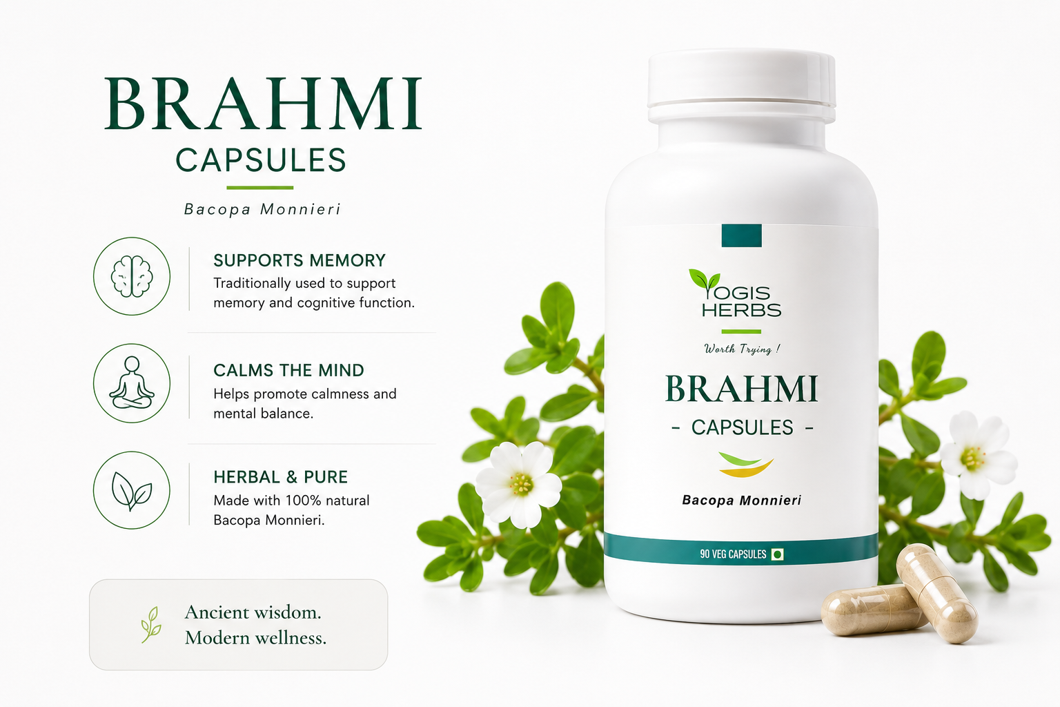YOGIS HERBS Brahmi Capsules – Neer Brahmi (Bacopa monnieri / Water Hyssop) – Whole-Herb Veg Capsules for Memory, Focus & Cognitive Wellness – Single-Herb, Non-GMO, 90 Capsules 11 yogis herbs Brahmi Capsules (Bacopa Monnieri)