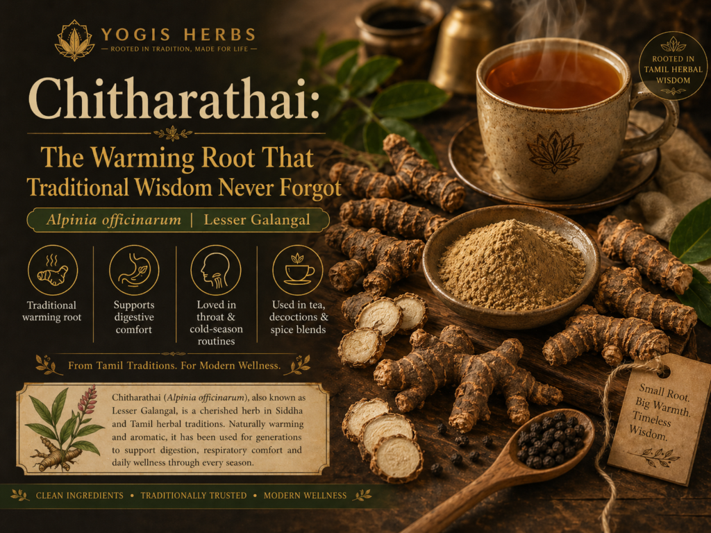 illustration of Chitharathai root (Alpinia officinarum / lesser galangal), showing dried brown rhizomes with a traditional wellness theme, highlighting its warming and digestive herbal value