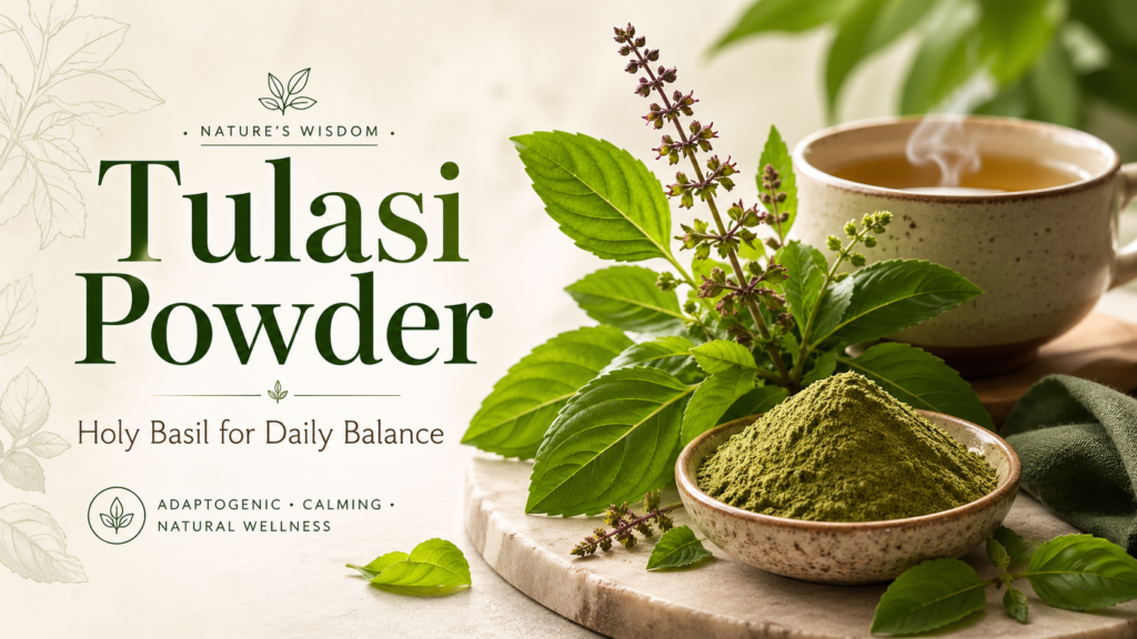 Meet Tulsi: The Sacred Herb That Never Really Left the Home 3 Tulasi powder with holy basil leaves and warm herbal tea