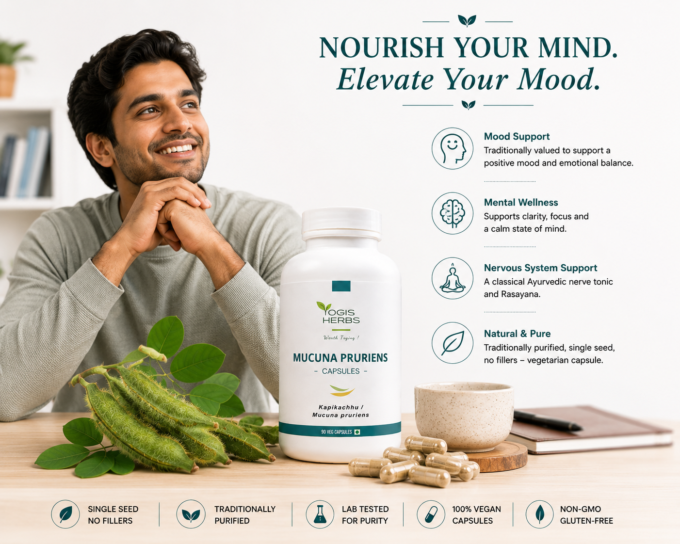 YOGIS HERBS Purified Mucuna Pruriens (Velvet Bean) Capsules