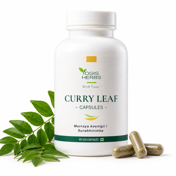 Curry Leaves Cap_stack1 YOGIS HERBS Curry Leaf Capsules (Murraya koenigii / Karuveppilai) bottle with fresh curry leaves and vegetarian capsules on a clean white background.
