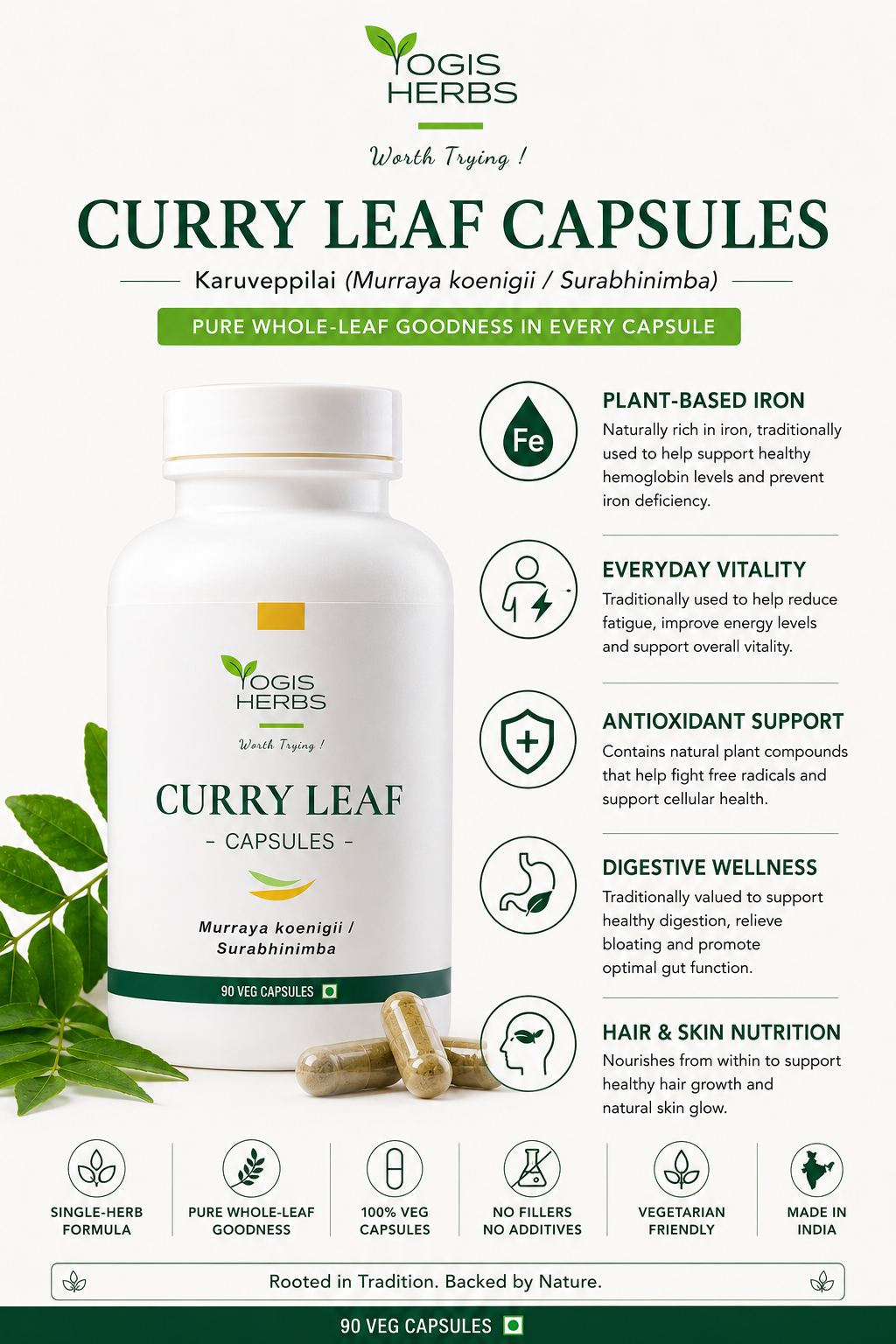 YOGIS HERBS Curry Leaf Capsules – Karuveppilai (Murraya koenigii / Surabhinimba) – Pure Whole-Leaf Veg Capsules for Plant-Based Iron, Everyday Vitality & Antioxidant Support – Vegetarian, 90 Capsules 3 Benefits infographic for YOGIS HERBS Curry Leaf Capsules highlighting whole-leaf nutrition, plant-based iron, antioxidant support, digestive wellness, everyday vitality and vegetarian capsules.