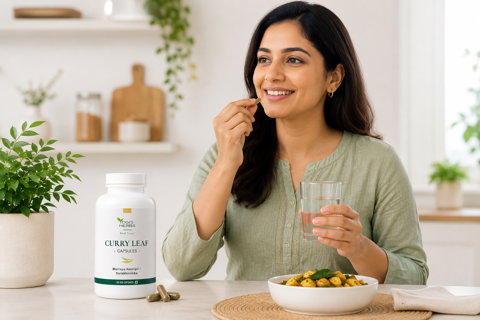 YOGIS HERBS Curry Leaf Capsules – Karuveppilai (Murraya koenigii / Surabhinimba) – Pure Whole-Leaf Veg Capsules for Plant-Based Iron, Everyday Vitality & Antioxidant Support – Vegetarian, 90 Capsules 2 Woman taking YOGIS HERBS Curry Leaf Capsules with water in a bright modern kitchen, with the supplement bottle displayed beside a healthy meal to represent everyday wellness.