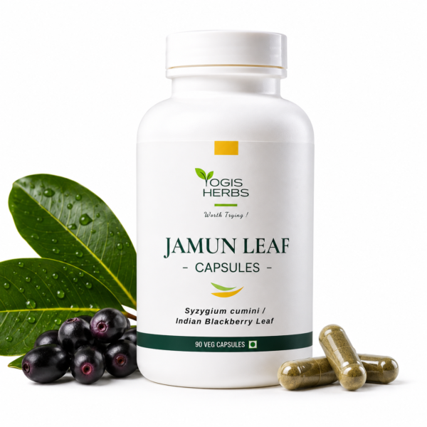 JamunLeafCap_new YOGIS HERBS Jamun Leaf Capsules (Syzygium cumini / Indian Blackberry Leaf) bottle with fresh jamun leaves, ripe jamun berries and vegetarian capsules on a clean white background.