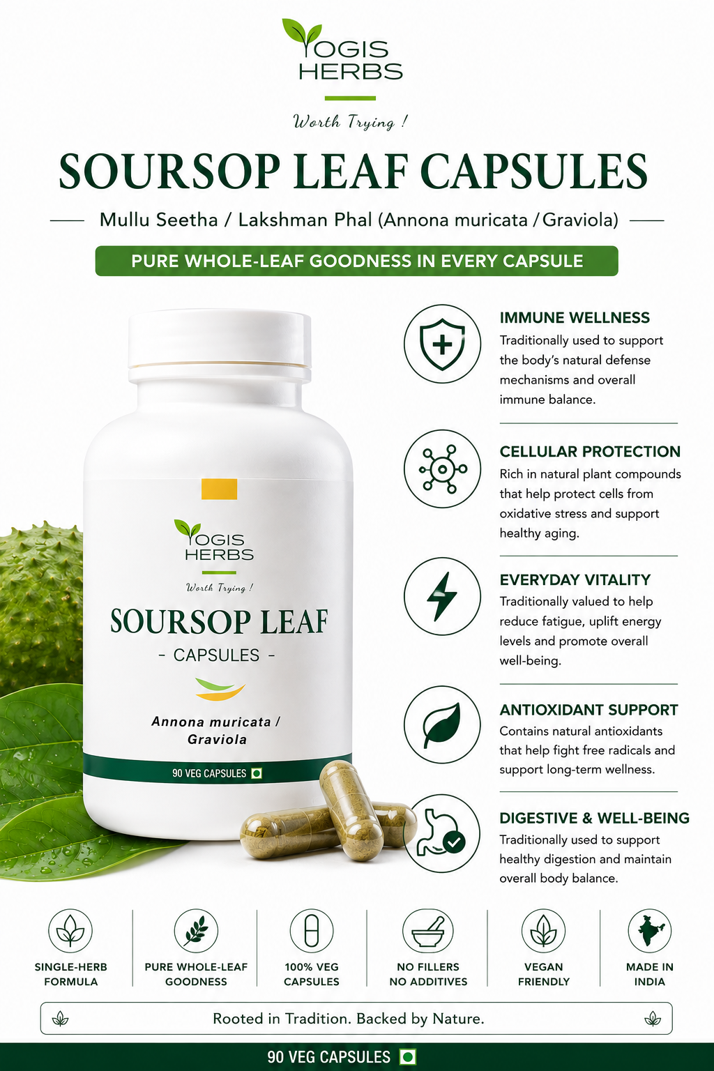 YOGIS HERBS Soursop Leaf Capsules – Mullu Seetha / Lakshman Phal (Annona muricata / Graviola) – Pure Whole-Leaf Veg Capsules for Immune Wellness, Cellular Protection & Everyday Vitality – Single-Herb, Vegan, No Fillers, 90 Capsules 3 Benefits infographic for YOGIS HERBS Soursop Leaf Capsules highlighting whole-leaf nutrition, immune wellness, cellular protection, antioxidant support, digestive wellness and everyday vitality.
